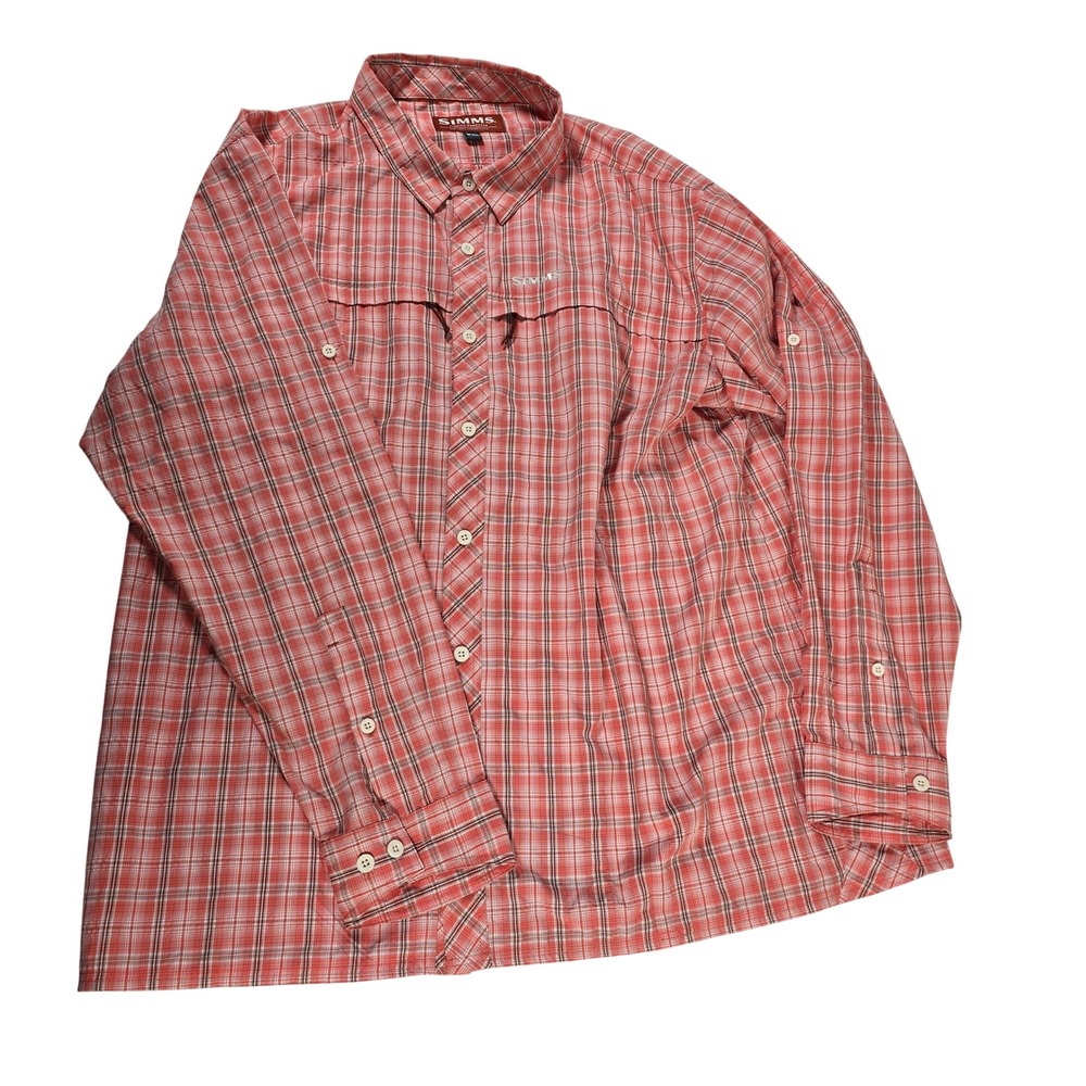 SIMMS Fishing Products Men's Plaid Long Sleeve Button Up Shirt XXL Orange Brown